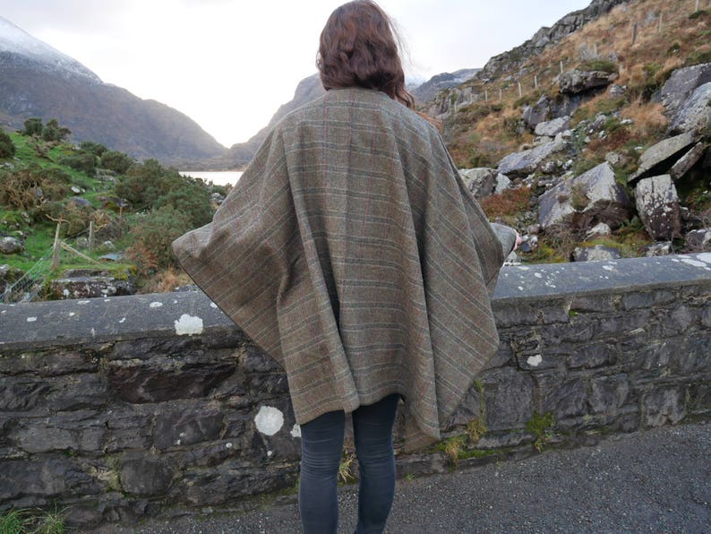 Irish tweed wool ruana, wrap, cape, coat, arisaid - brown/green  Irish tartan/ plaid check - 100% wool - HANDMADE IN IRELAND