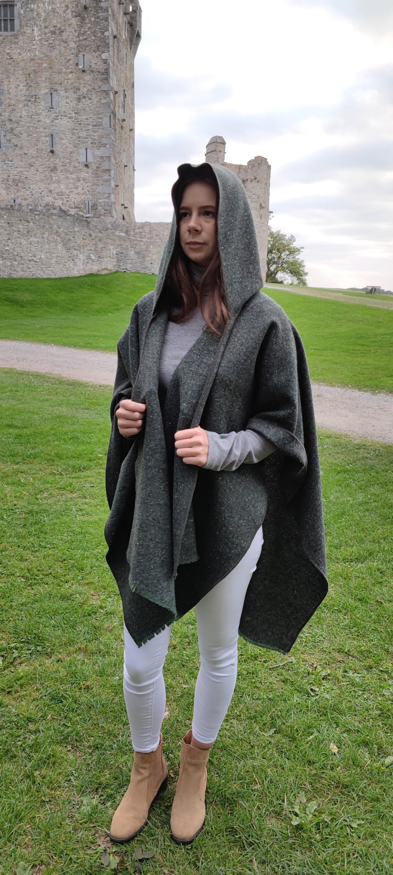 Irish Donegal Tweed Wool Hooded Ruana, Cape, Rectangle Cloak - Traditional Green Fleck - Medium/Heavy Tweed - Unisex - HANDMADE IN IRELAND
