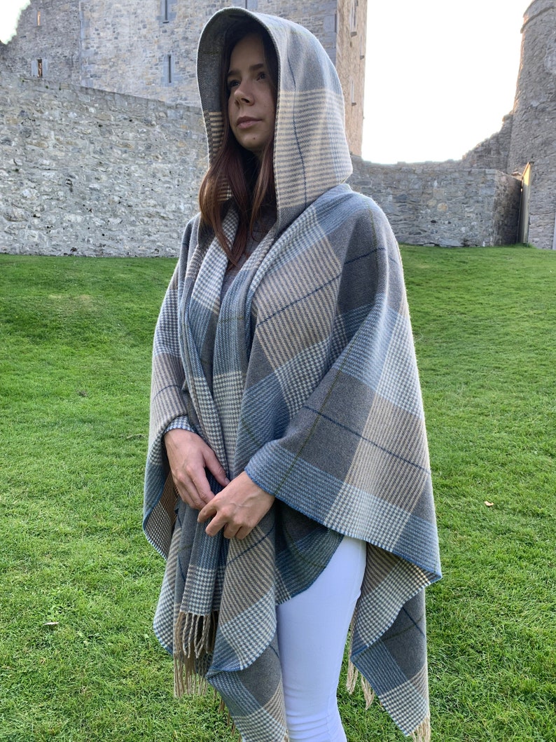 Hooded Supersoft Lambswool Cape, Ruana, Wrap , Shawl - 100% Pure New Wool - Cream Taupe Denim Check -One Size Fits All - HANDMADE IN IRELAND