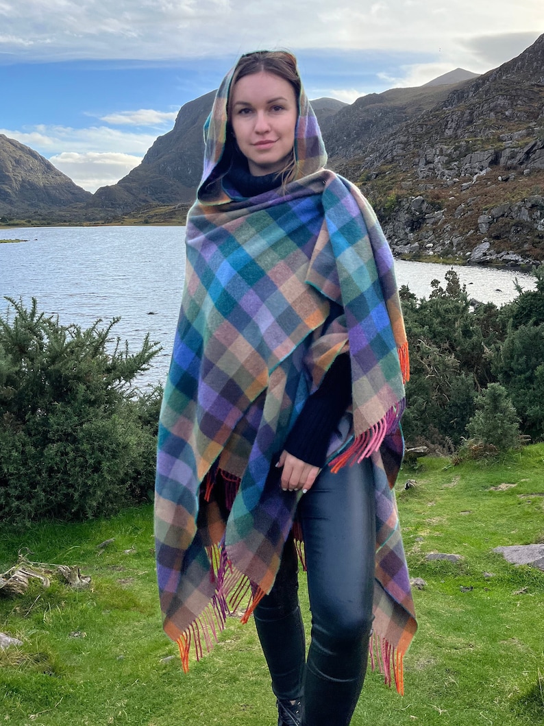 Hooded Supersoft Lambswool Cape, Ruana, Wrap , Shawl - 100% Pure New Wool - Multicolour  Check - One Size Fits All - HANDMADE IN IRELAND