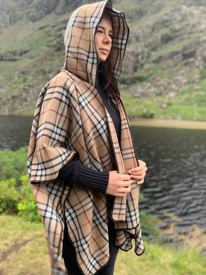 Hooded Irish Soft Lambswool Cape, Ruana, Wrap - 100% Pure New Wool - Camel Tartan / Plaid Check/ Thompson Check - HANDMADE IN IRELAND