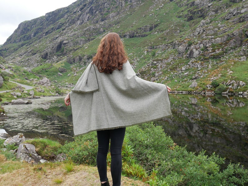 Irish Donegal tweed wool ruana, wrap , arisaid - grey/green herringbone - 100% Pure New Wool - lightweight tweed - HANDMADE IN IRELAND