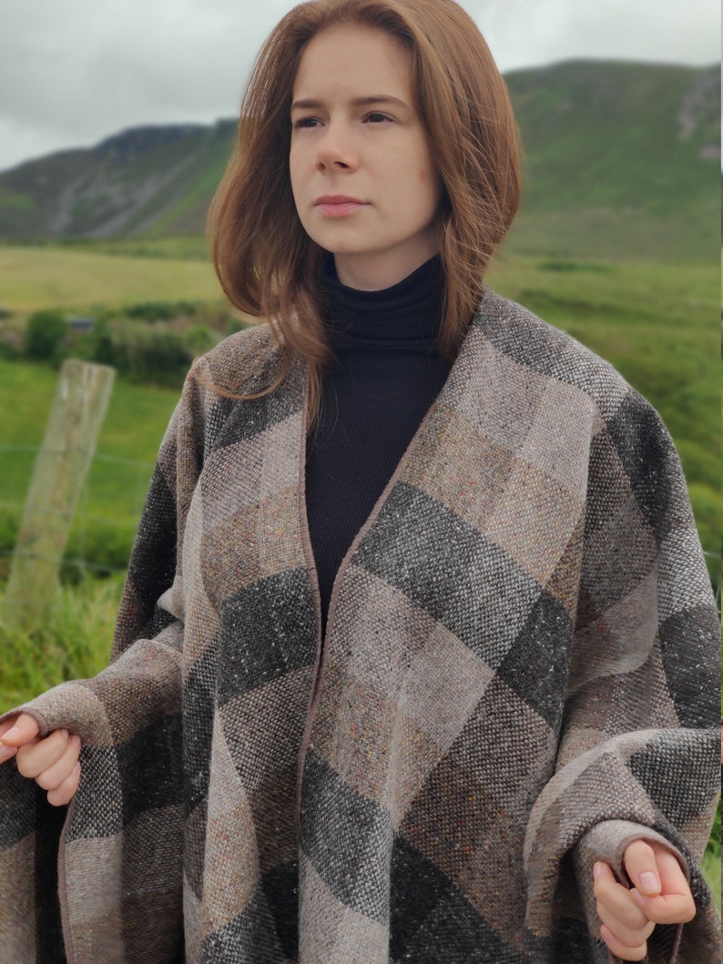 Irish Donegal Tweed Ruana, Wrap, Cape, Cloak - HEAVY TWEED - Beige/Brown/Grey Box Check - 100% Pure New Wool - Unisex - Handmade in Ireland