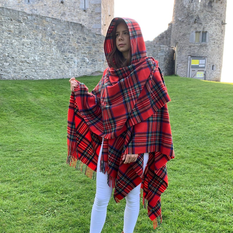 Hooded Irish Pure Lambswool Cape, Ruana, Wrap , Shawl - 100% Pure New Wool -Royal Stewart Tartan/Plaid Check -Supersoft -HANDMADE IN IRELAND