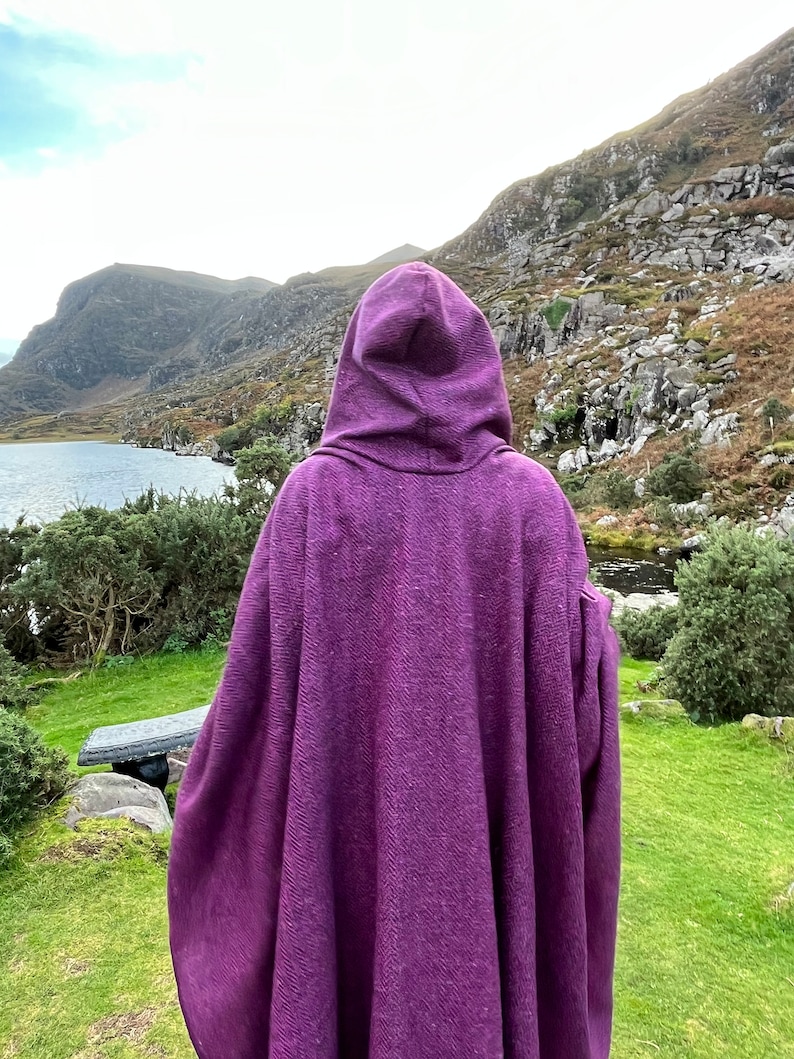 Irish Donegal Tweed Hooded Ruana, Wrap, Cape, Cloak, Robe - Purple Wine Herringbone - 100% Pure New Wool - Speckled - HANDMADE IN IRELAND