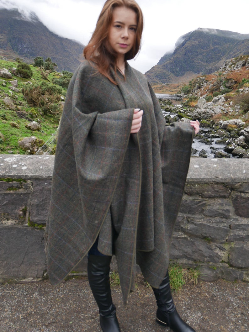 Irish Donegal Tweed Wool Cape, Ruana,Rectangle Cloak -Moss Green Herringbone With Overcheck- 100% Pure New Wool -Unisex- HANDMADE IN IRELAND