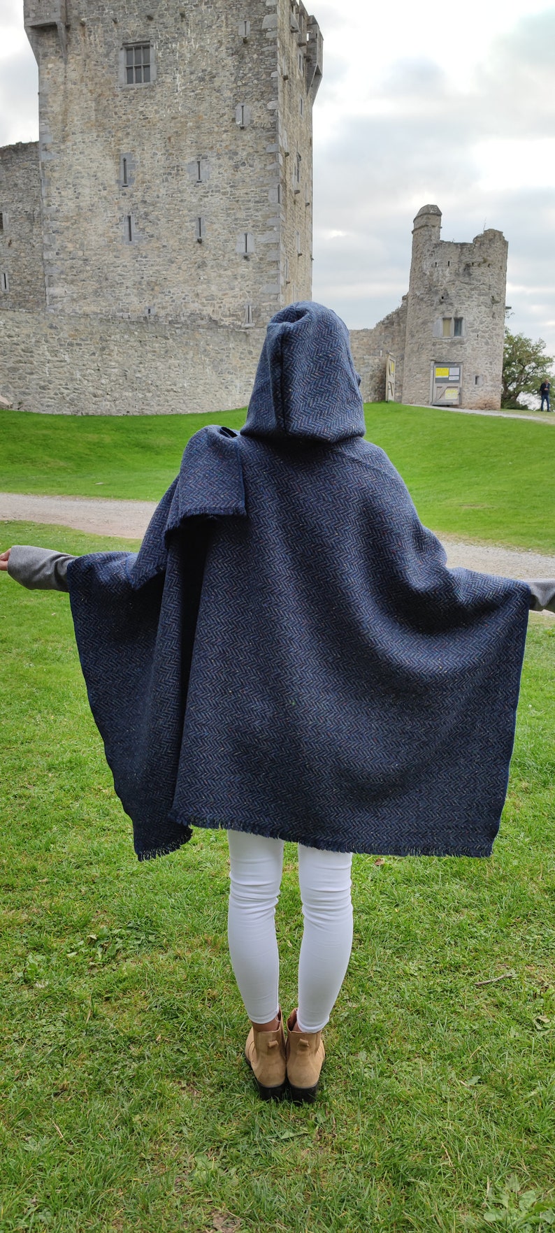 Irish Donegal Tweed Wool Hooded Ruana, Cape, Rectangle Cloak - Speckled Navy / Blue Herringbone - Heavy Tweed - Unisex - HANDMADE IN IRELAND