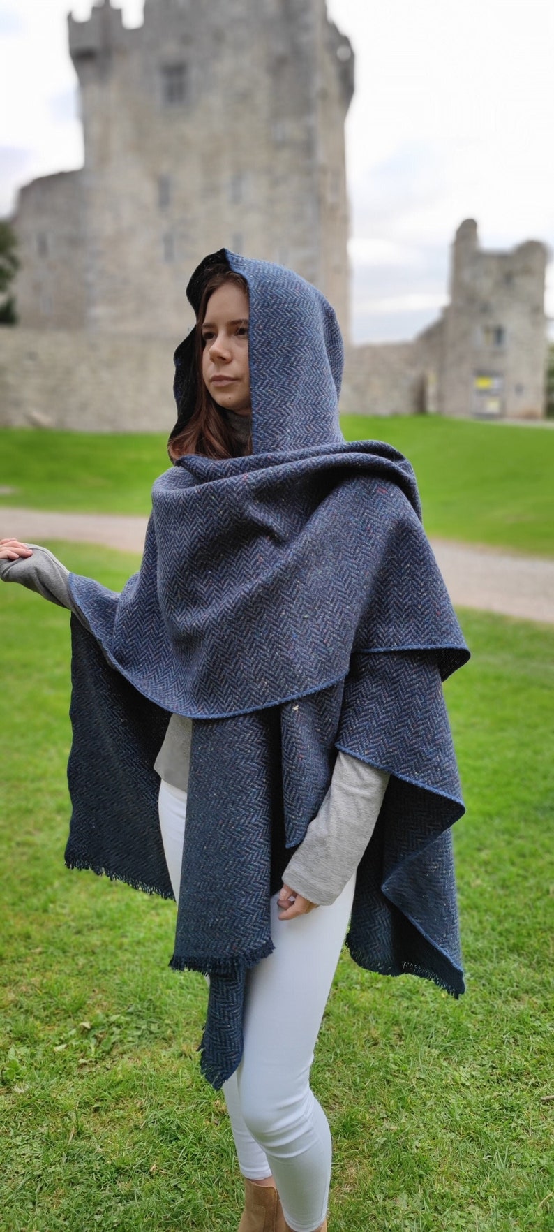 Irish Donegal Tweed Wool Hooded Ruana, Cape, Rectangle Cloak - Speckled Navy / Blue Herringbone - Heavy Tweed - Unisex - HANDMADE IN IRELAND