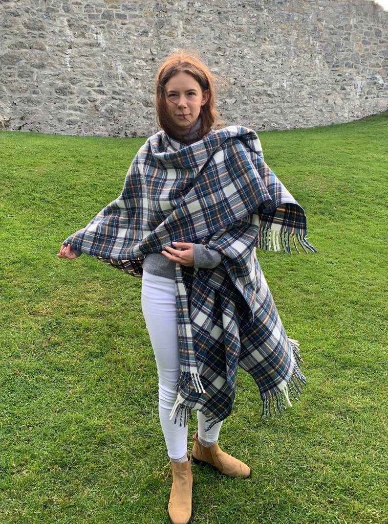 Irish Lambswool/Merino Cape, Ruana, Wrap, Shawl - 100% Pure New Wool - Blue Stewart Tartan Plaid - supersoft - one size- HANDMADE IN IRELAND