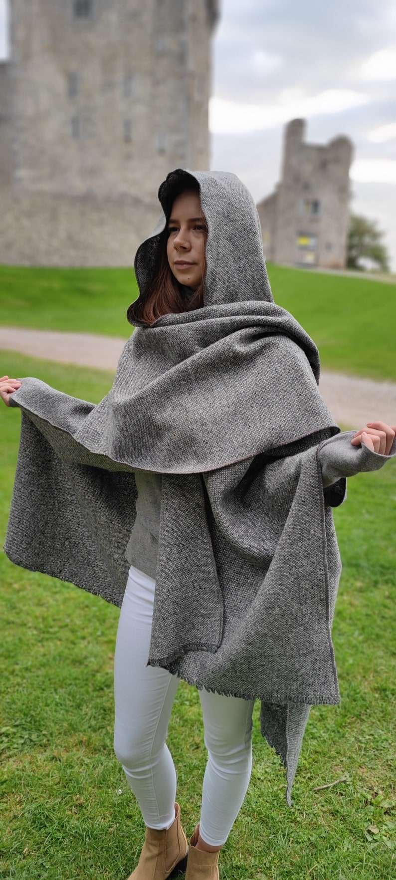 Irish Donegal Tweed Wool Hooded Ruana, Cape, Rectangle Cloak - Traditional Grey Fleck  - Heavy Tweed - Unisex - HANDMADE IN IRELAND