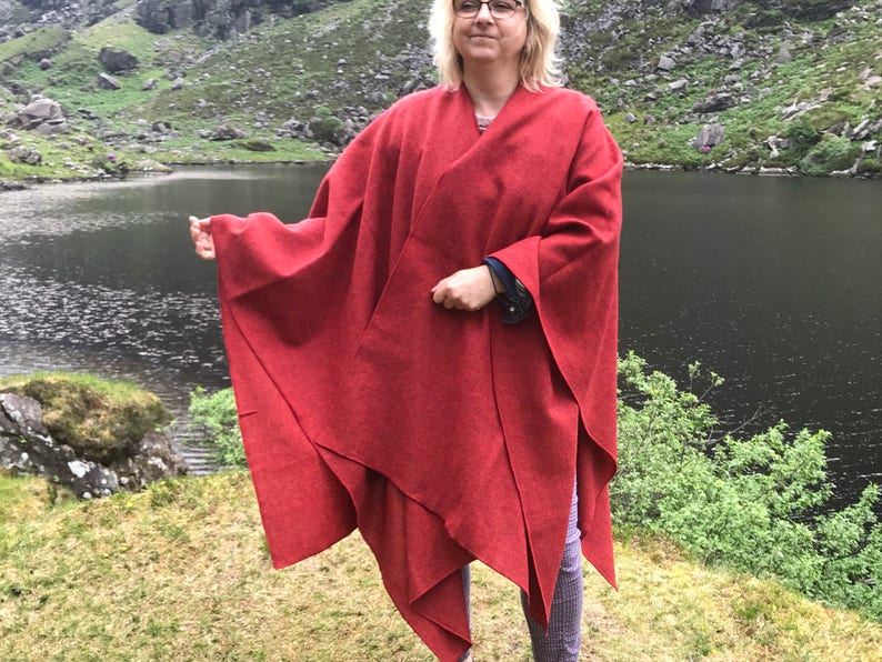 Irish tweed wool ruana, wrap, cape, coat, arisaid- red - lightweight fabric - 100% wool - ready for shipping - HANDMADE IN IRELAND