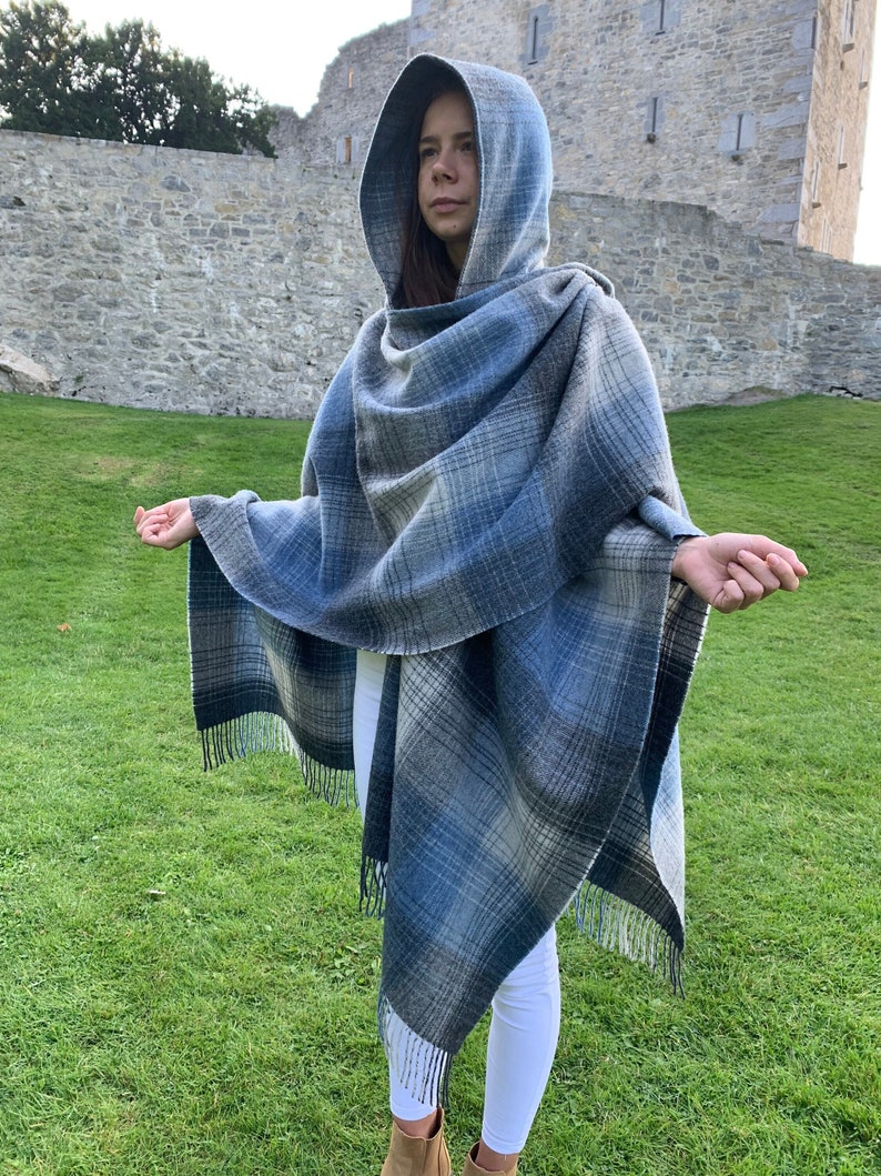 Hooded Irish Pure Lambswool Cape, Ruana, Wrap , Shawl - 100% Pure New Wool - Grey Denim Check - Supersoft - HANDMADE IN IRELAND