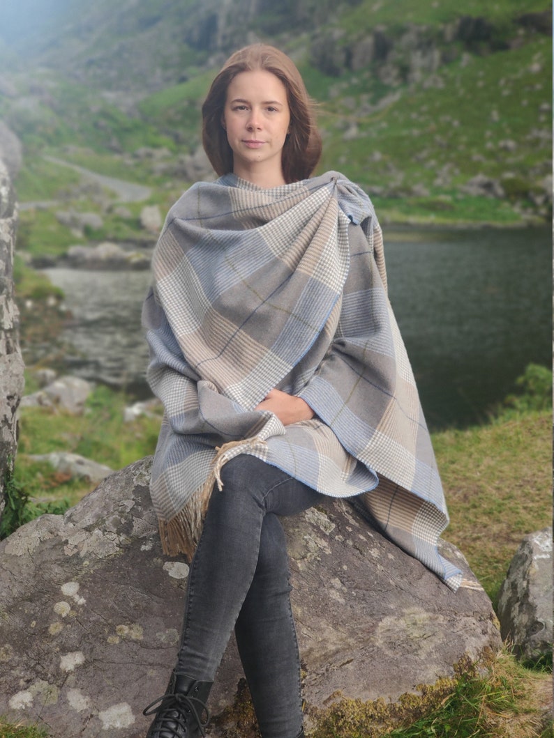 Irish Pure Lambswool Cape, Ruana, Wrap , Shawl - 100% Pure New Wool - Beige/Blue Check - Supersoft - One Size Fits All - HANDMADE IN IRELAND