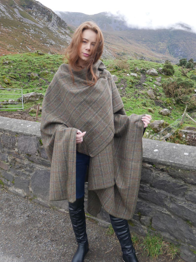 Irish Tweed Wool Cape, Ruana, Wrap, Rectangle Cloak- 100% Pure New Irish Wool - Brown Tartan / Plaid Check - Unisex - HANDMADE IN IRELAND