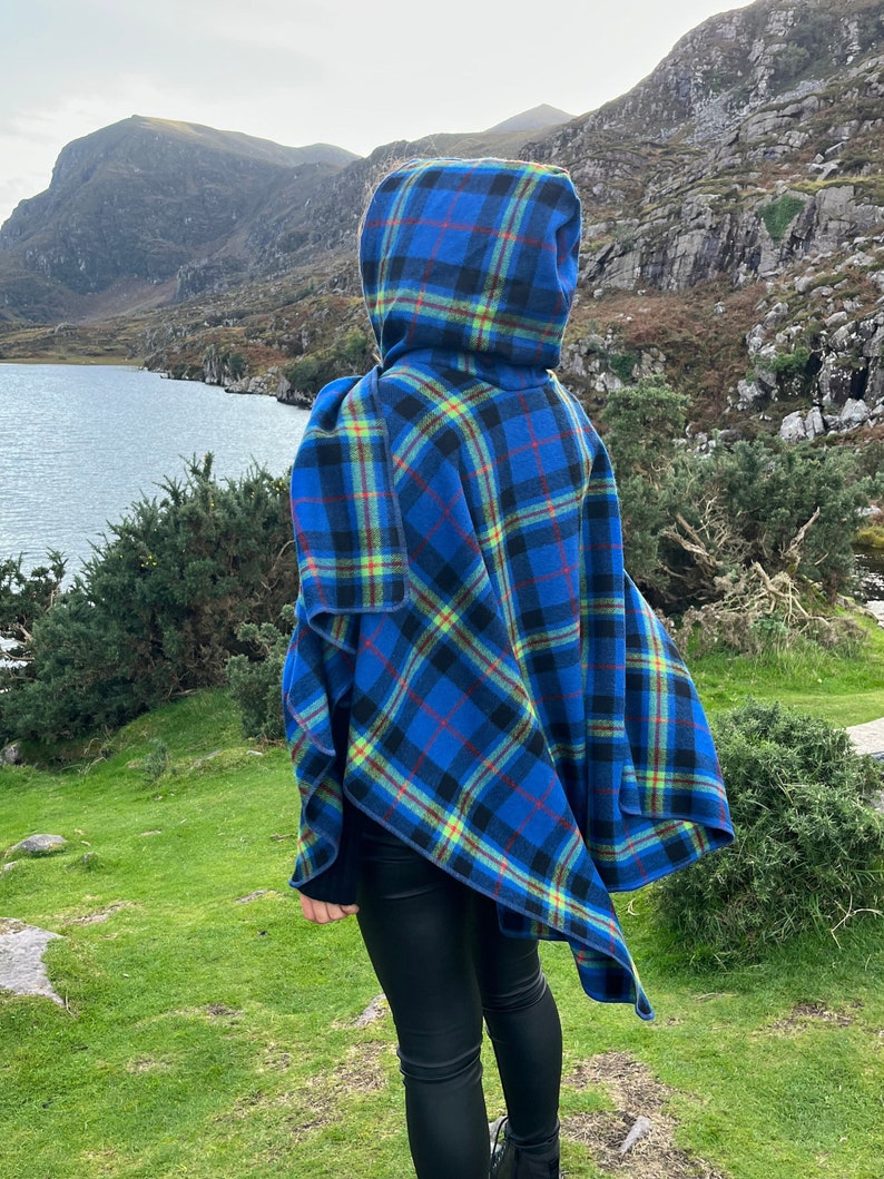 Hooded Supersoft Lambswool Cape, Ruana Wrap , Cloak - 100% Pure New Wool - Blue Navy Lime Green Red Tartan Plaid Check - HANDMADE IN IRELAND