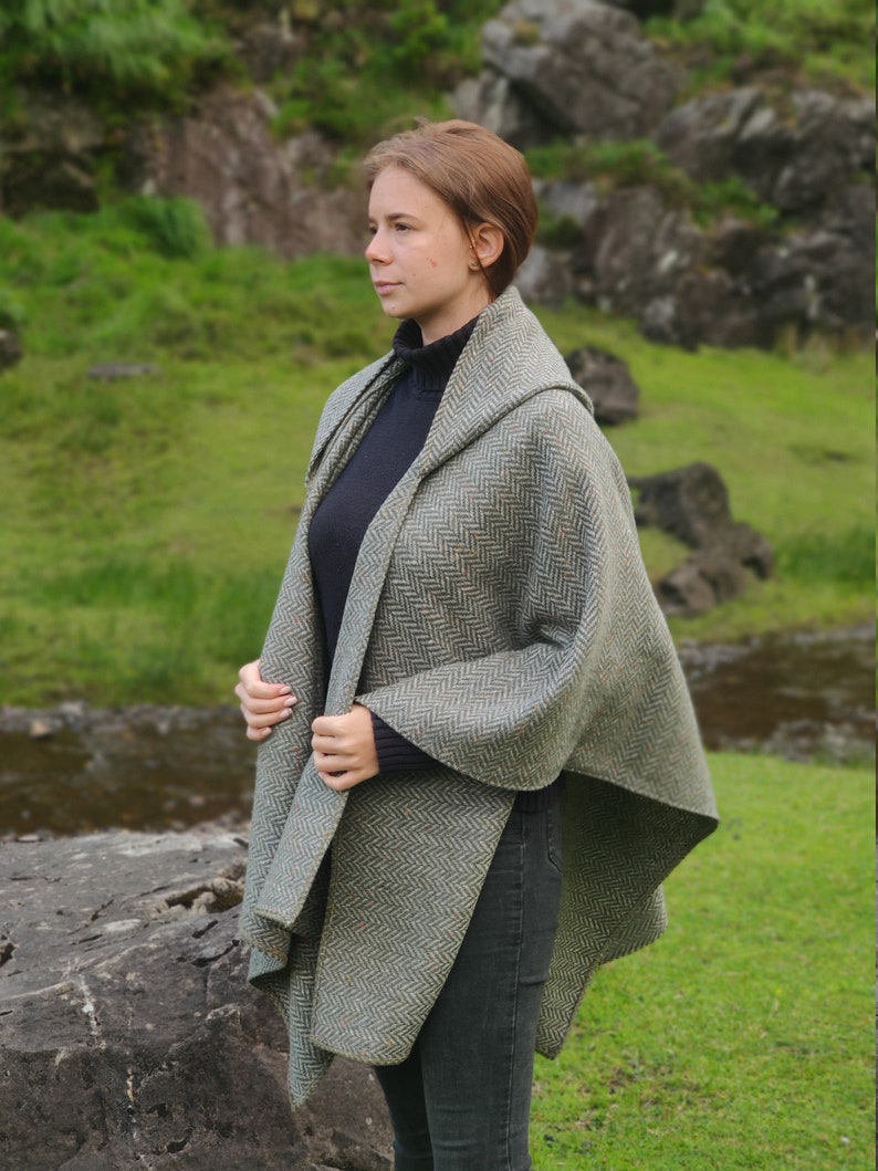 Irish Donegal Tweed Wool Hooded Cape Ruana Wrap Robe Cloak Arisaid -Speckled Fleck Green Grey Herringbone - HEAVY TWEED -Handmade in Ireland