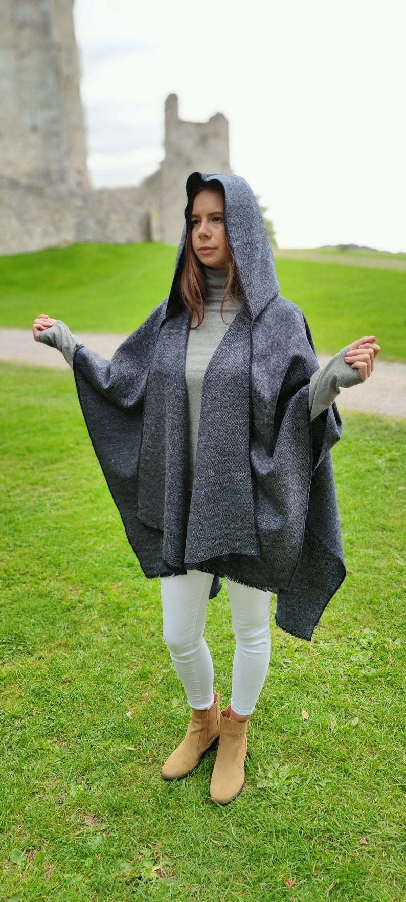 Irish Donegal Tweed Hooded Cape, Ruana, Wrap, Rectangle Cloak - Speckled / Fleck  Navy Blue - 100% Pure New Wool - HANDMADE IN IRELAND