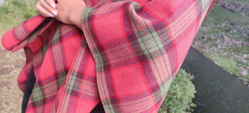 Irish soft lambswool hooded ruana, wrap, arisaid - pink/green/purple plaid check, tartan - 100% Pure New Wool - HANDMADE IN IRELAND