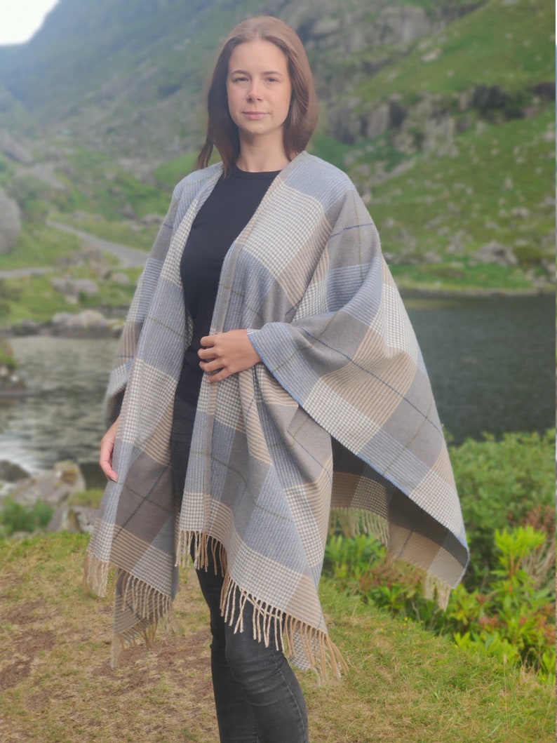 Irish Pure Lambswool Cape, Ruana, Wrap , Shawl - 100% Pure New Wool - Beige/Blue Check - Supersoft - One Size Fits All - HANDMADE IN IRELAND