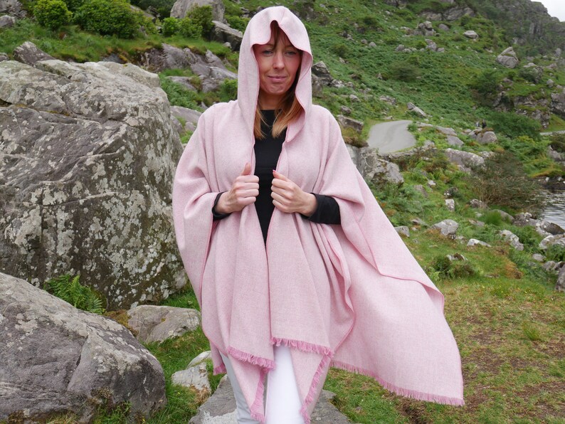 Irish tweed wool hooded ruana, wrap, arisaid - pink & white chevron - HANDMADE IN IRELAND