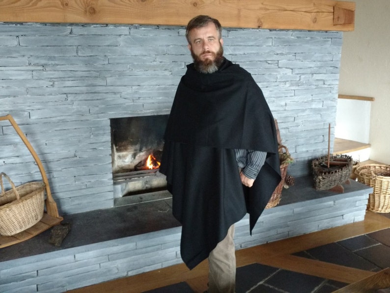 Irish Tweed Wool Ruana, Wrap, Cape, Arisaid , Rectangle Cloak - Black - 100% Pure New Wool - unisex - HANDMADE IN IRELAND