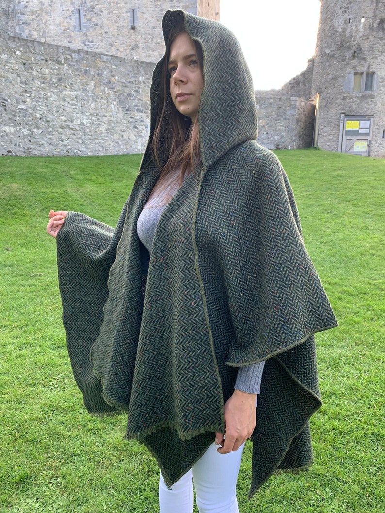Irish Donegal Tweed Wool Hooded Ruana, Cape, Rectangle Cloak - Speckled Forest Green Herringbone - Heavy Tweed -Unisex- HANDMADE IN IRELAND
