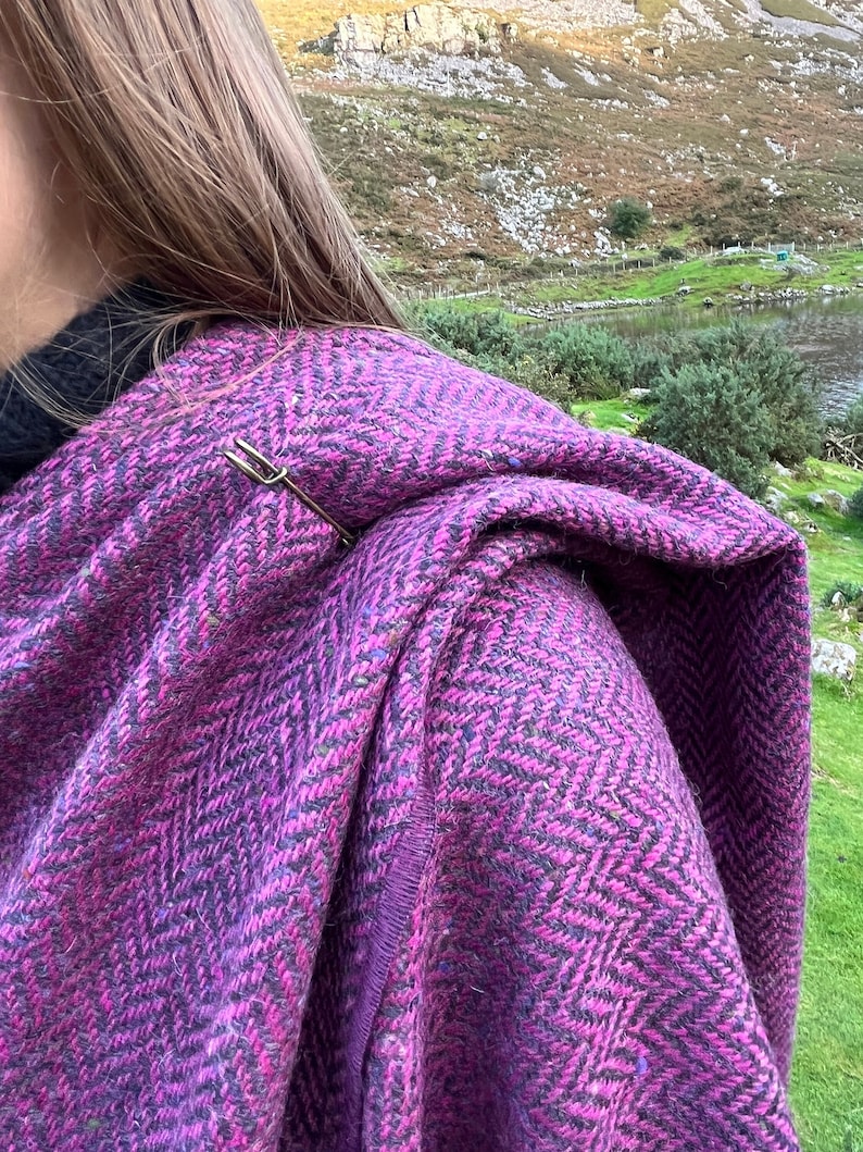 Irish Donegal Tweed Hooded Ruana, Wrap, Cape, Cloak, Robe - Purple Wine Herringbone - 100% Pure New Wool - Speckled - HANDMADE IN IRELAND
