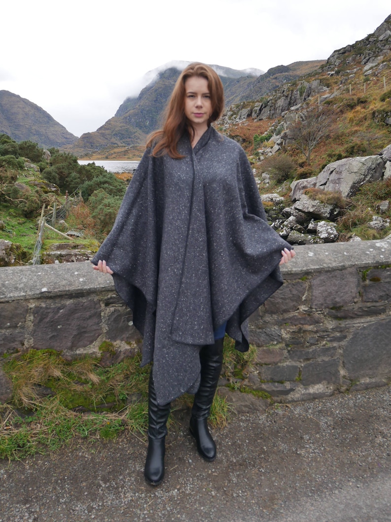 Irish Donegal Tweed Wool Ruana, Cape, Wrap, Cloak - Charcoal/ Grey Salt & Pepper Herringbone  - Heavy Tweed - Unisex - HANDMADE IN IRELAND