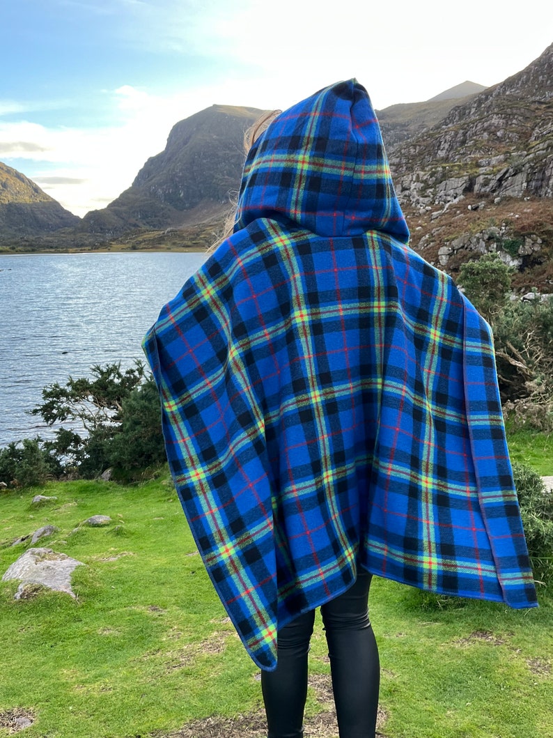 Hooded Supersoft Lambswool Cape, Ruana Wrap , Cloak - 100% Pure New Wool - Blue Navy Lime Green Red Tartan Plaid Check - HANDMADE IN IRELAND