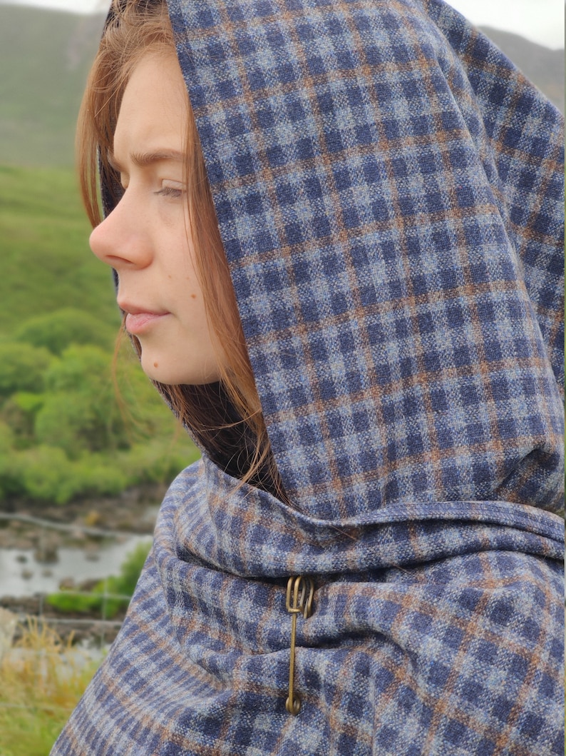 Irish lambswool hooded ruana wrap, cape, arisaid - navy/grey blue/bronze plaid - HANDMADE IN IRELAND
