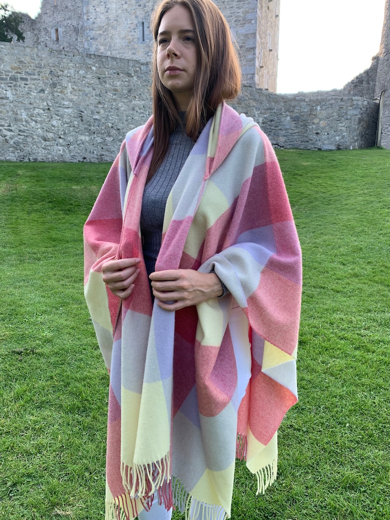 Hooded Irish Pure Lambswool Cape, Ruana, Wrap , Shawl - 100% Pure New Wool -Pale/Blue/Pink/Lemon Block Check -Supersoft -HANDMADE IN IRELAND