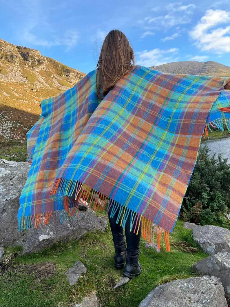 Hooded Irish Pure Supersoft Lambswool Cape, Ruana, Wrap - 100% Pure New Wool - Blue Green Orange Tartan Plaid Check - HANDMADE IN IRELAND