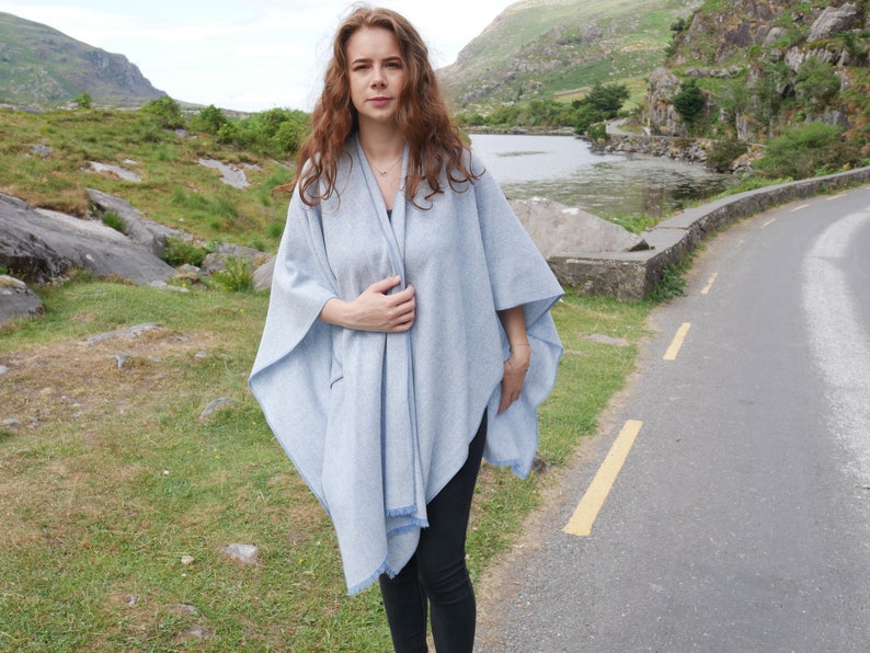 Irish Tweel Woven Wool Ruana, Wrap, Cape - Baby Blue & White Chevron - 100% Pure New Wool - Lightweight - HANDMADE IN IRELAND