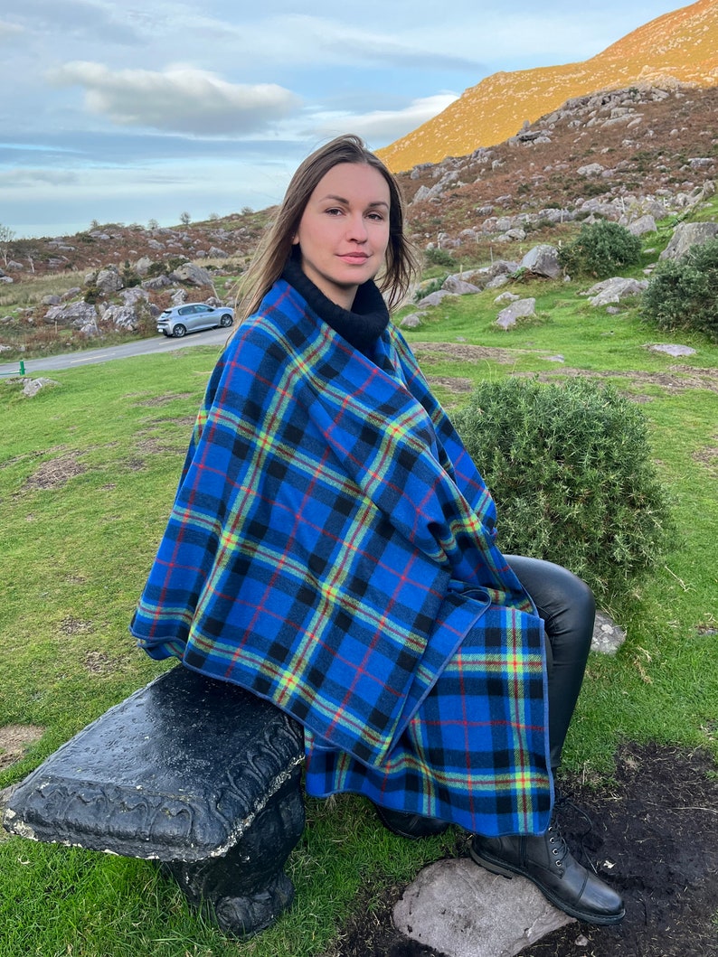 Hooded Supersoft Lambswool Cape, Ruana Wrap , Cloak - 100% Pure New Wool - Blue Navy Lime Green Red Tartan Plaid Check - HANDMADE IN IRELAND