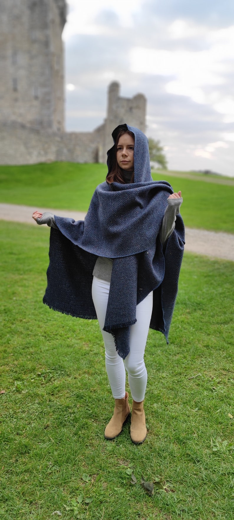 Irish Donegal Tweed Wool Hooded Ruana, Cape, Rectangle Cloak - Speckled Navy / Blue Herringbone - Heavy Tweed - Unisex - HANDMADE IN IRELAND