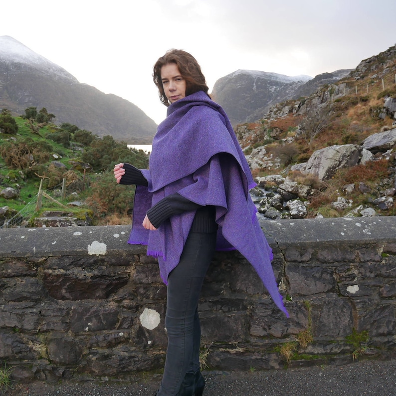 Irish Donegal Tweed Ruana, Wrap, Cape, Rectangle Cloak - Purple Herringbone - 100% Pure New Wool - HEAVY TWEED - Handmade in Ireland