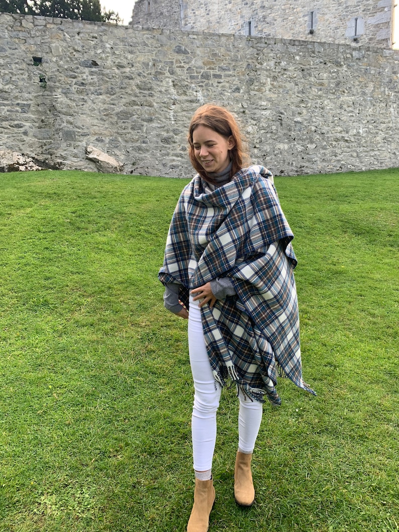 Irish Lambswool/Merino Cape, Ruana, Wrap, Shawl - 100% Pure New Wool - Blue Stewart Tartan Plaid - supersoft - one size- HANDMADE IN IRELAND