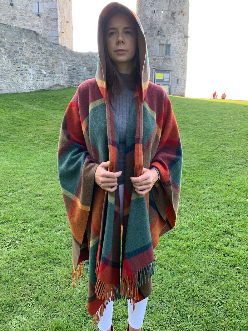 Hooded Irish Pure Lambswool Cape, Ruana, Wrap , Shawl - 100% Pure New Wool - Orange/Green/Yellow/Wine Check - Supersoft -HANDMADE IN IRELAND