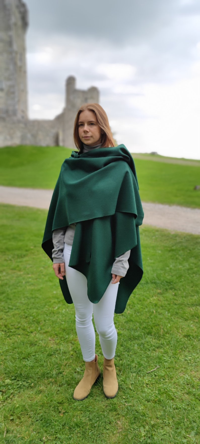 Irish Woven Wool Cape, Ruana, Wrap, Rectangle Cloak - 100% Pure New Wool - Emerald / Bottle Green - HANDMADE IN IRELAND