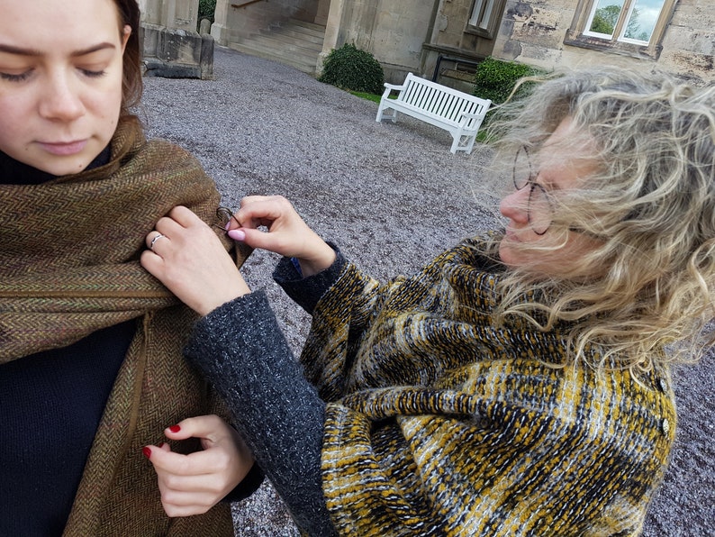 Irish Donegal Tweed Wool Hooded Cape, Ruana, Wrap, Cloak - Bronze/Brown Herringbone With Overcheck - 100% Pure New Wool -HANDMADE IN IRELAND