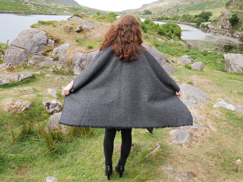 Irish Donegal Tweed Wool Cape, Wrap, Ruana, Rectangle Cloak - Black & Grey Herringbone - 100% Pure New Wool - Unisex - HANDMADE IN IRELAND