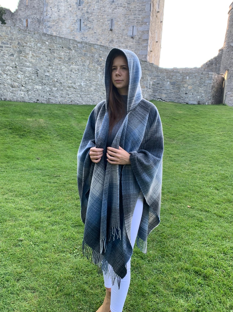 Hooded Irish Pure Lambswool Cape, Ruana, Wrap , Shawl - 100% Pure New Wool - Grey Denim Check - Supersoft - HANDMADE IN IRELAND