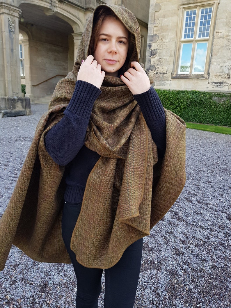 Irish Donegal Tweed Wool Hooded Cape, Ruana, Wrap, Cloak - Bronze/Brown Herringbone With Overcheck - 100% Pure New Wool -HANDMADE IN IRELAND