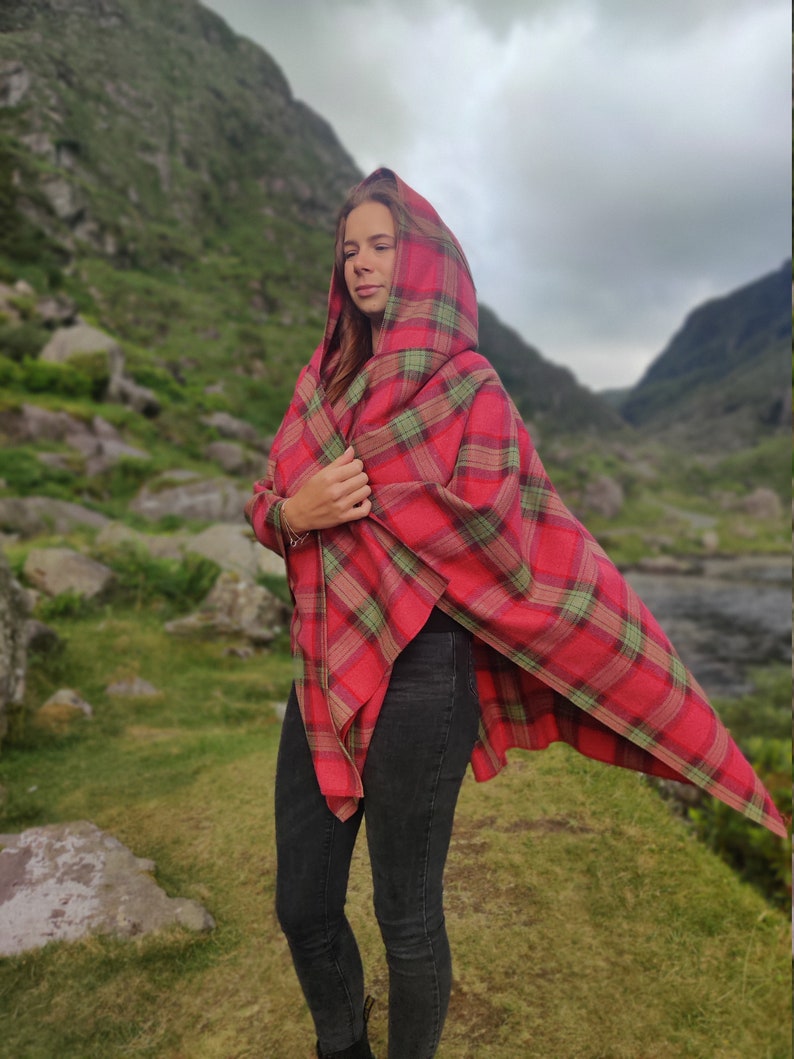 Irish soft lambswool hooded ruana, wrap, arisaid - pink/green/purple plaid check, tartan - 100% Pure New Wool - HANDMADE IN IRELAND