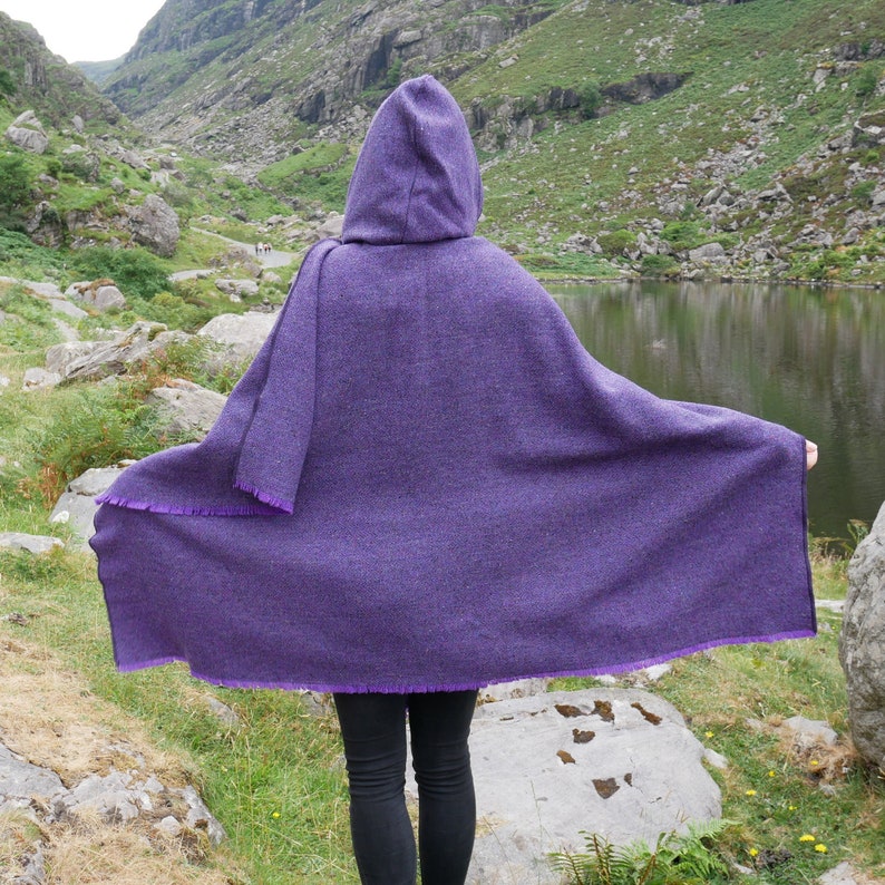 Irish Donegal Tweed Wool Hooded Cape, Ruana, Cloak, Robe, Wrap, Arisaid - Purple Herringbone -  Heavy Tweed - HANDMADE IN IRELAND