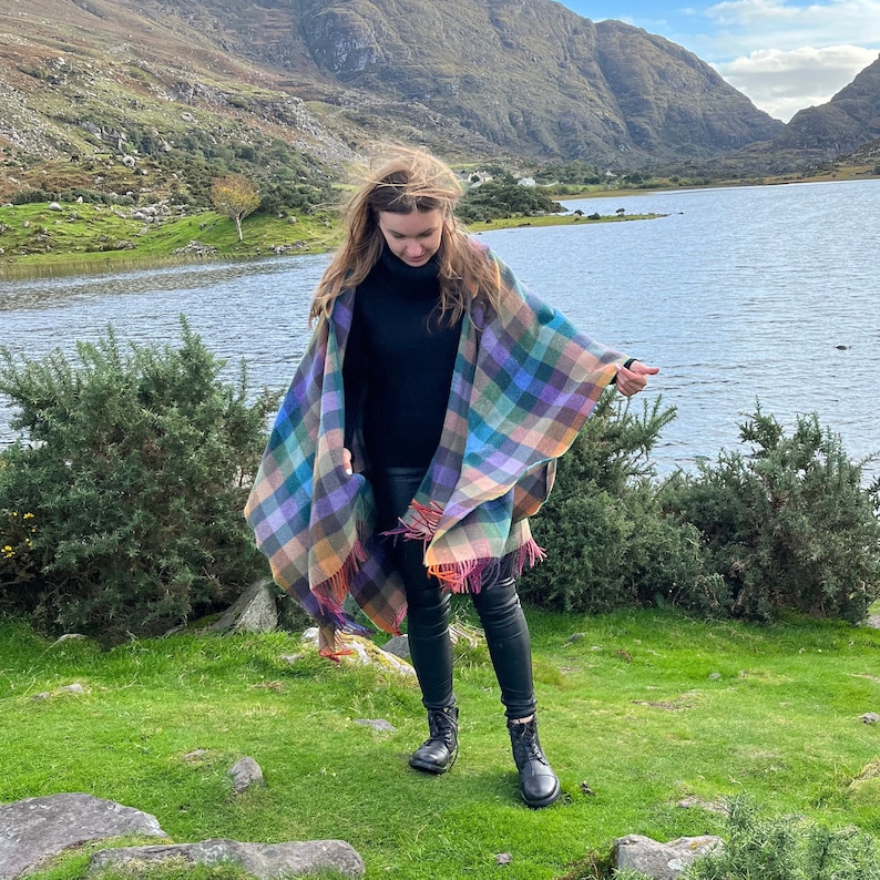 Hooded Supersoft Lambswool Cape, Ruana, Wrap , Shawl - 100% Pure New Wool - Multicolour  Check - One Size Fits All - HANDMADE IN IRELAND