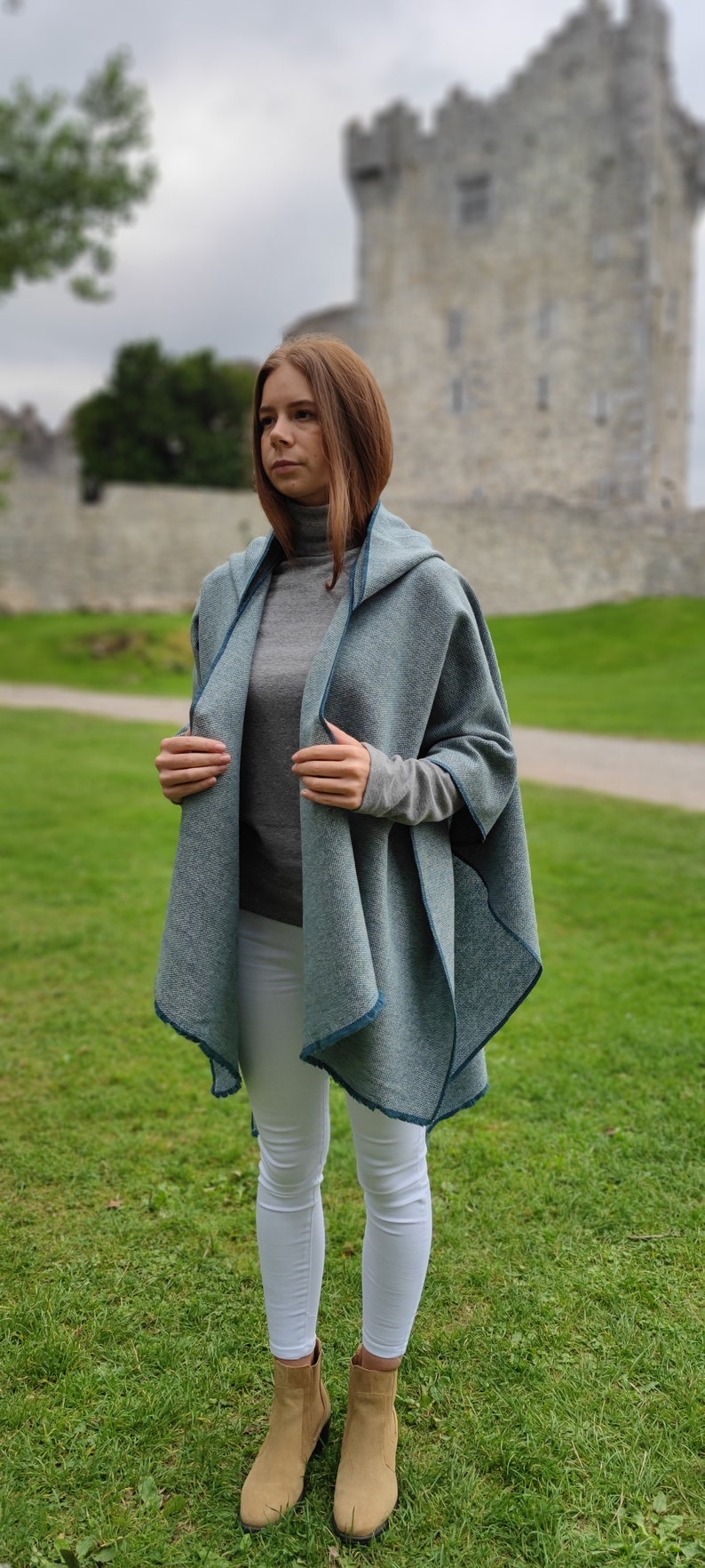 Hooded Irish Lambswool Tweed Cape, Rectangle Cloak, Ruana -Atlantic Teal/White Chevron- 100% Pure New Wool -Lightweight- HANDMADE IN IRELAND