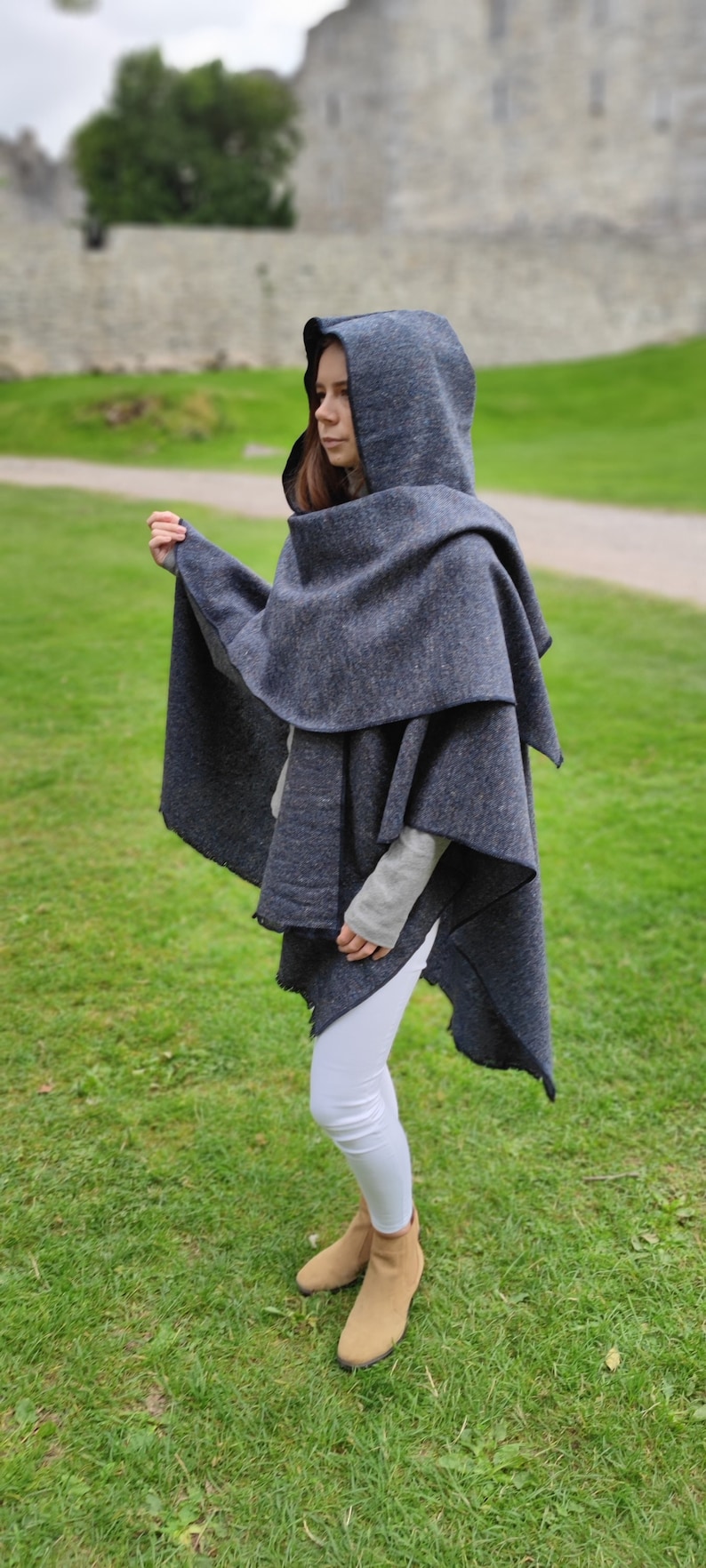 Irish Donegal Tweed Hooded Cape, Ruana, Wrap, Rectangle Cloak - Speckled / Fleck  Navy Blue - 100% Pure New Wool - HANDMADE IN IRELAND