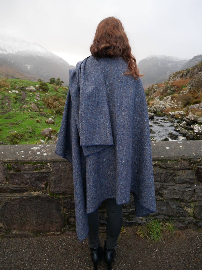 Irish Donegal Tweed Wool Ruana, Wrap, Cape, Arisaid -Speckled Blue/With Fleck/Salt&Pepper- 100% Pure New Wool - Unisex - HANDMADE IN IRELAND