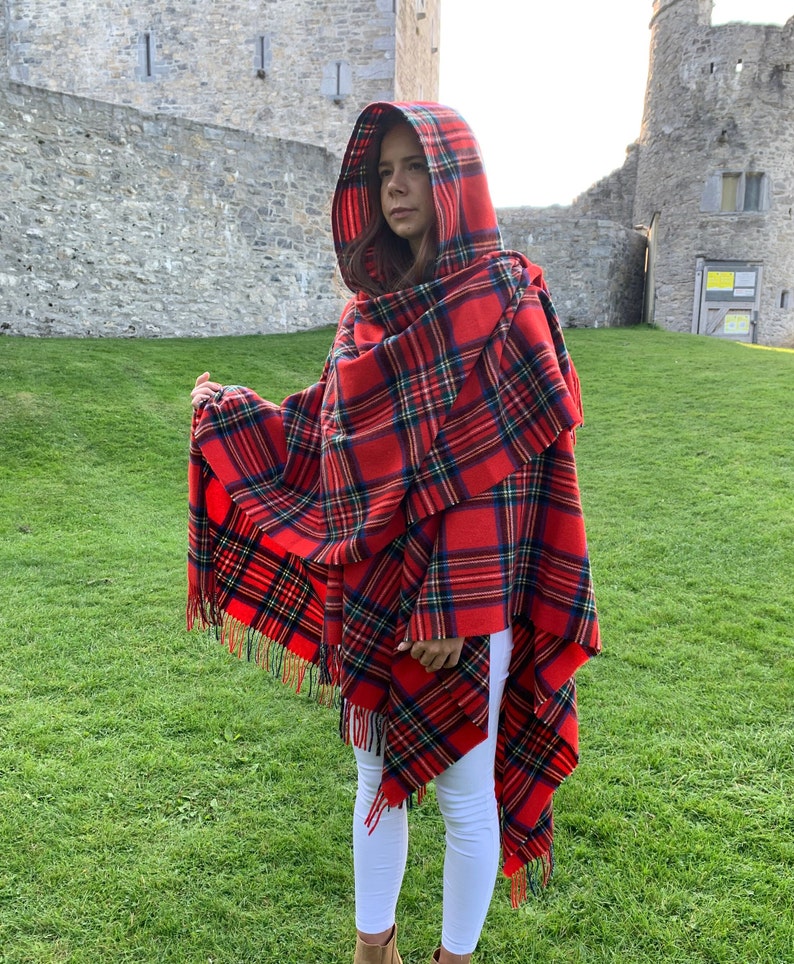 Hooded Irish Pure Lambswool Cape, Ruana, Wrap , Shawl - 100% Pure New Wool -Royal Stewart Tartan/Plaid Check -Supersoft -HANDMADE IN IRELAND